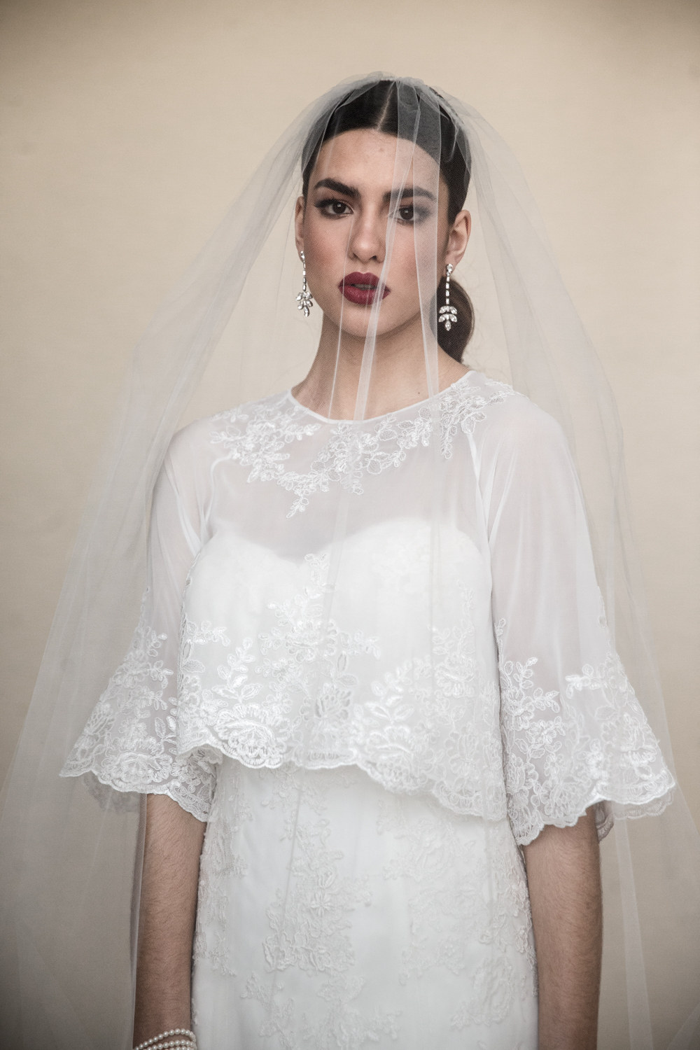 Anael_Stylish Bridal Bolero in Mousseline with sleeves and Lace Appliqués