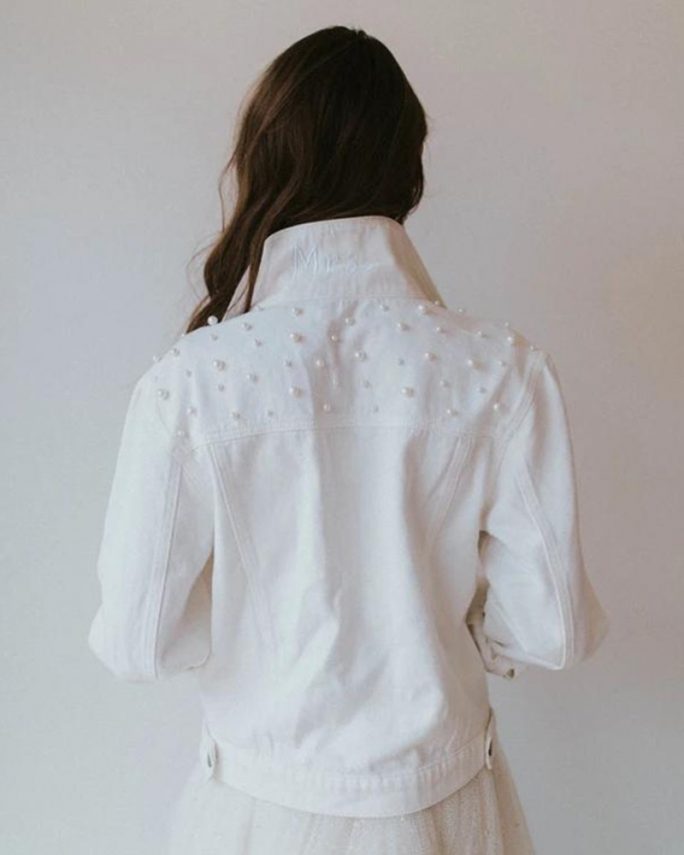 Mrs. White Jacket_Stylish Bridal Bolero White jean jacket with pearls